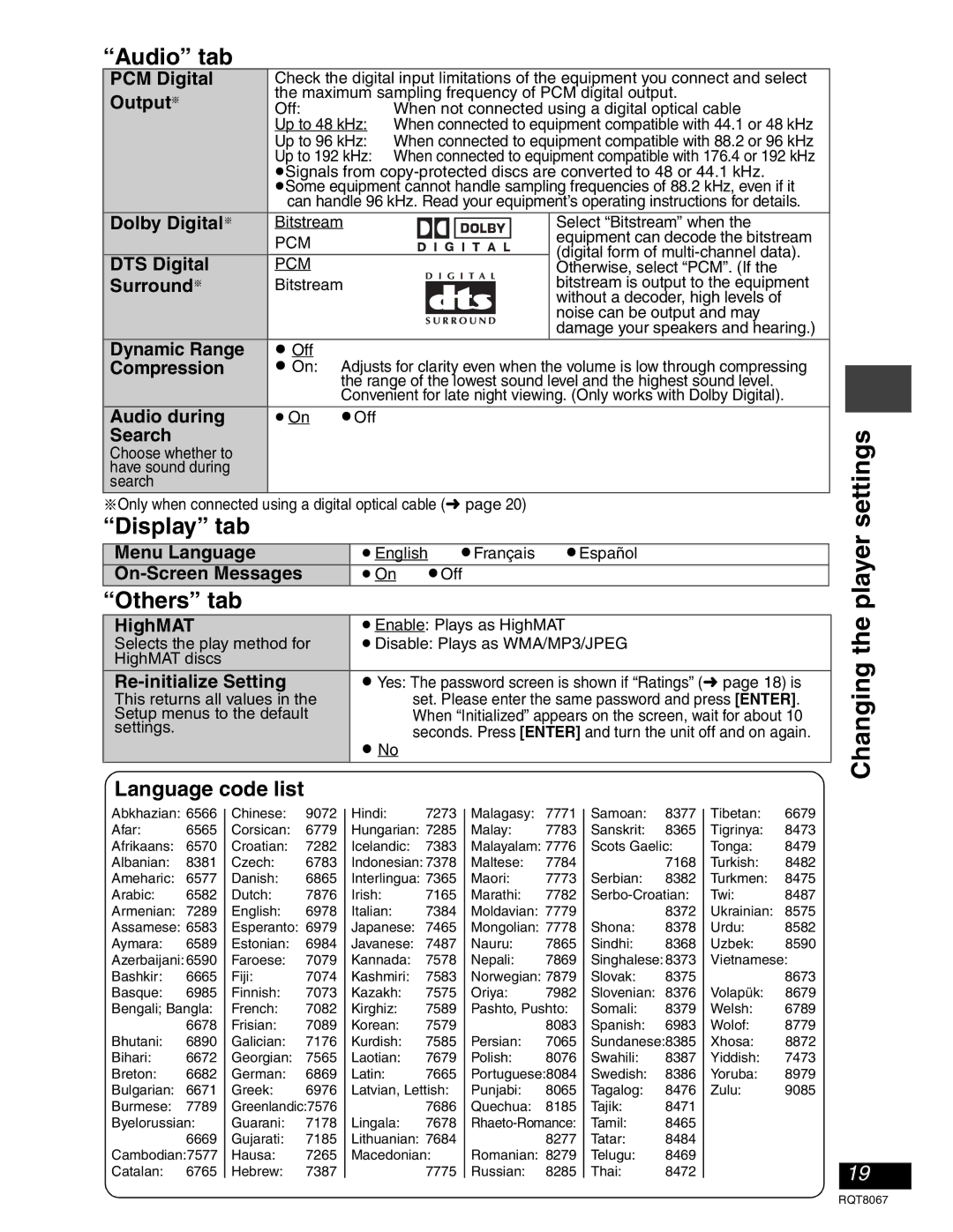 Panasonic DVD-LS90, DVD-LS93 warranty Changing the player settings, Audio tab, Display tab, Others tab, Language code list 