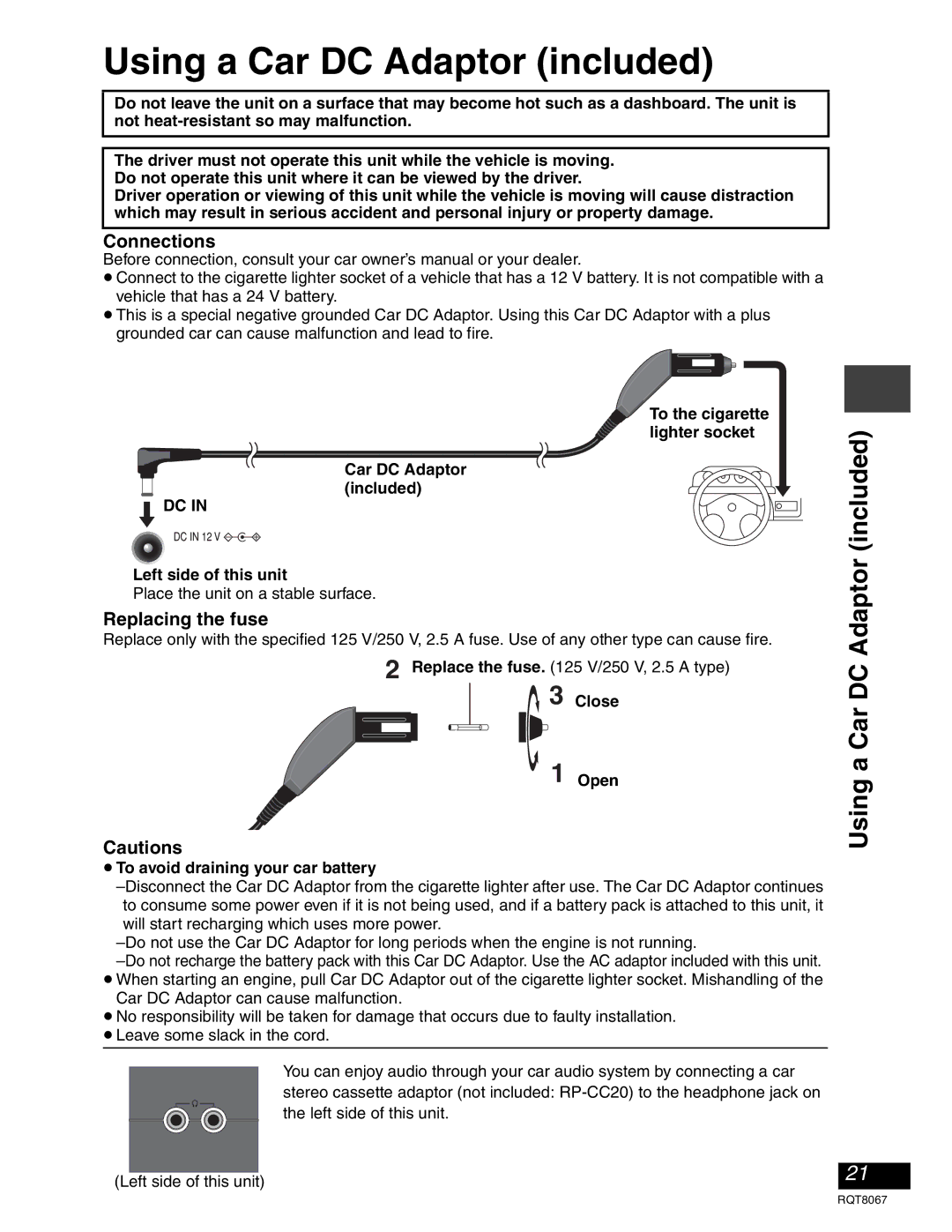 Panasonic DVD-LS90, DVD-LS93 warranty Using a Car DC Adaptor included, Connections, Replacing the fuse 