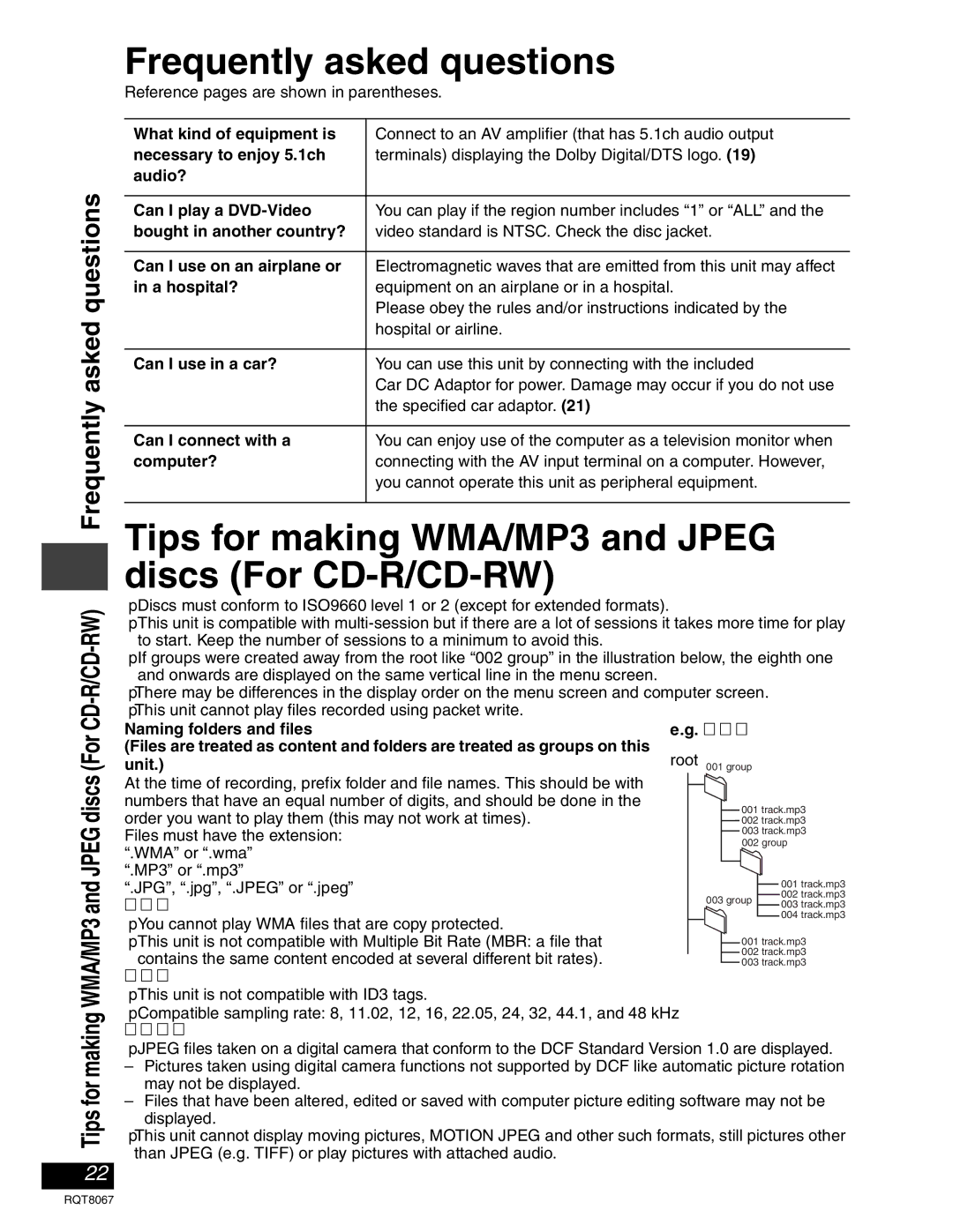 Panasonic DVD-LS93, DVD-LS90 warranty Frequently asked questions, Tips for making WMA/MP3 and Jpeg discs For CD-R/CD-RW 