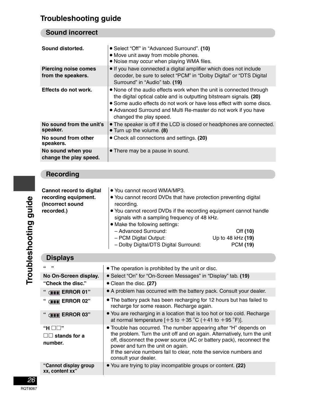 Panasonic DVD-LS93, DVD-LS90 warranty Troubleshooting guide, Sound incorrect, Recording, Displays 