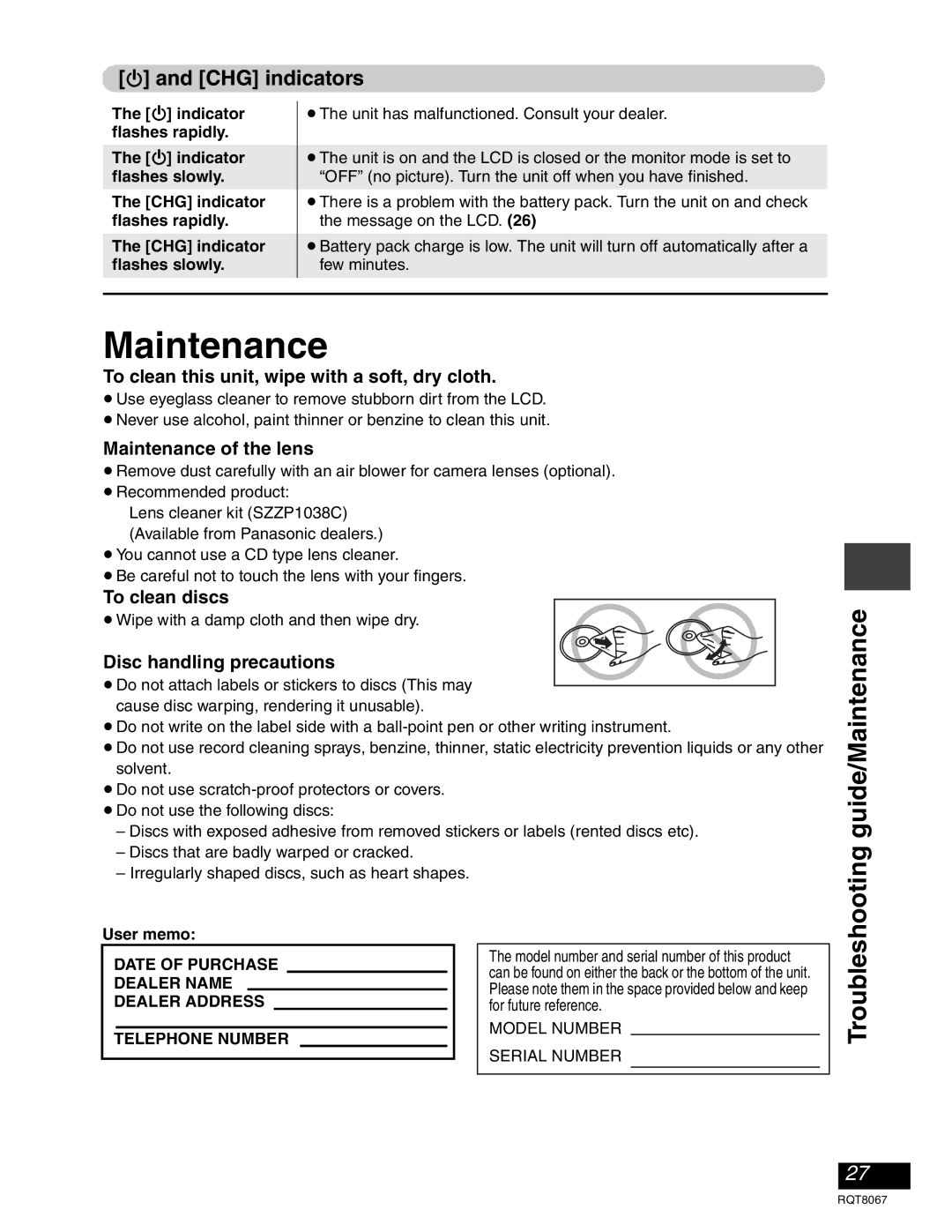 Panasonic DVD-LS90, DVD-LS93 warranty Guide/Maintenance, CHG indicators 