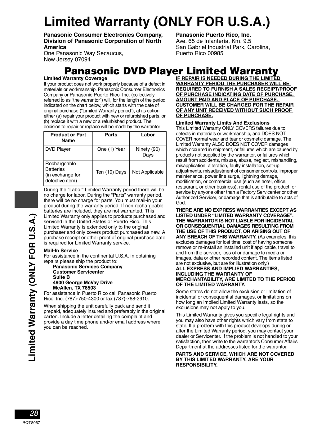 Panasonic DVD-LS93, DVD-LS90 warranty Limited Warranty only for U.S.A, America 