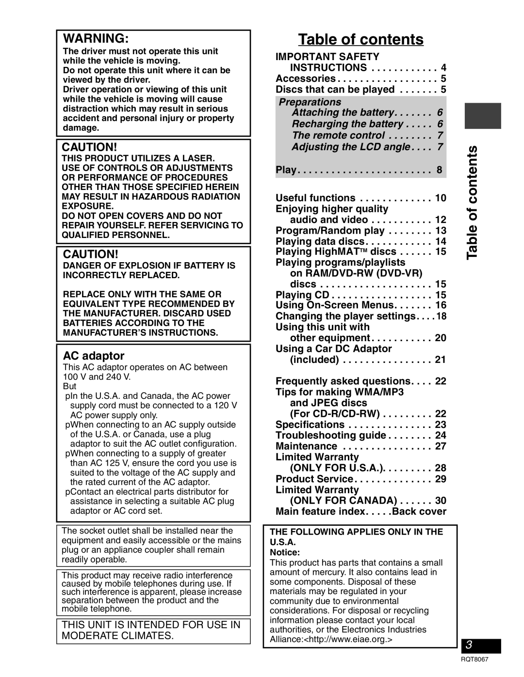 Panasonic DVD-LS90, DVD-LS93 warranty Table of contents 