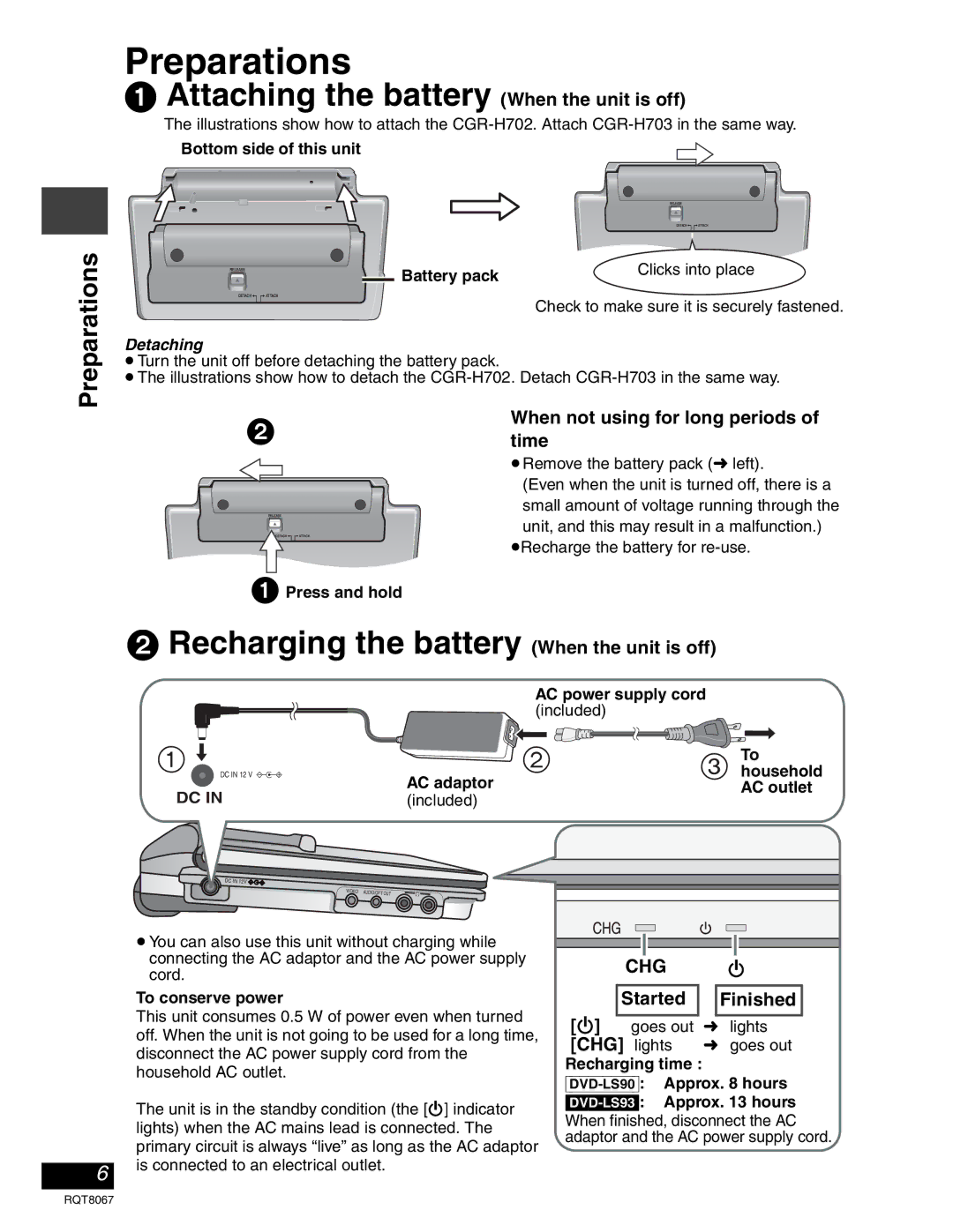 Panasonic DVD-LS93, DVD-LS90 warranty Preparations, When not using for long periods of time, Started Finished, CHG lights 