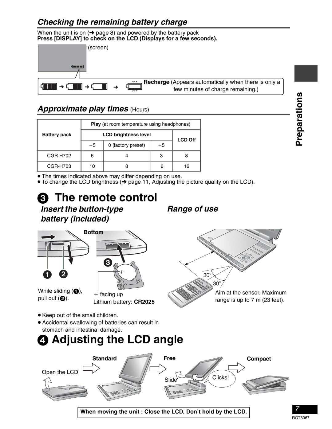 Panasonic DVD-LS90, DVD-LS93 warranty Checking the remaining battery charge, Approximate play times Hours, Bottom 