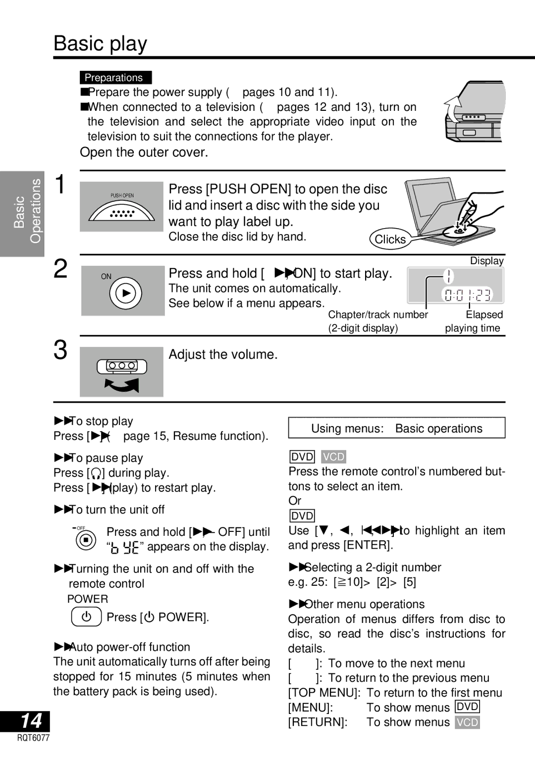 Panasonic DVD-LV57 Basic play, Open the outer cover, Press and hold 1, on to start play, Adjust the volume 