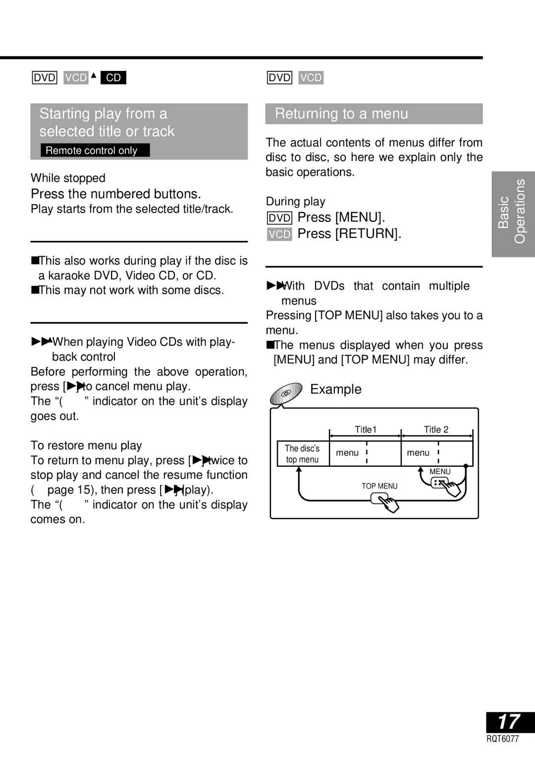 Panasonic DVD-LV57 Starting play from a selected title or track, Returning to a menu, Press the numbered buttons, Example 