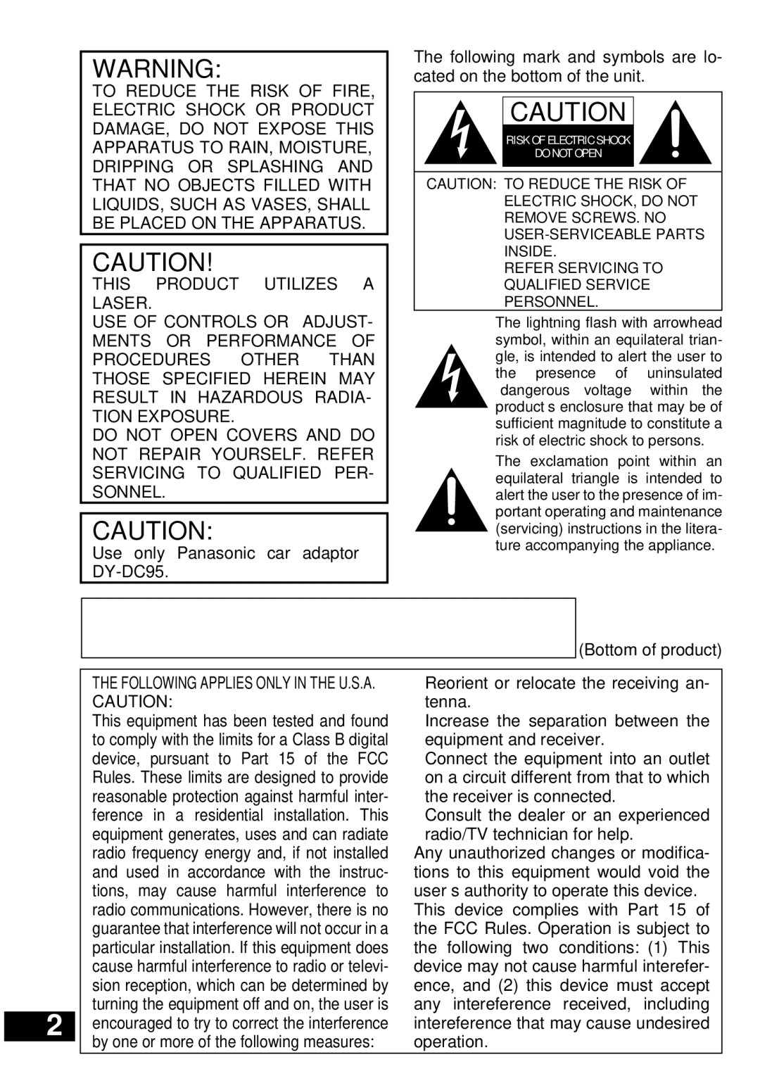 Panasonic DVD-LV57 operating instructions Use only Panasonic car adaptor DY-DC95 