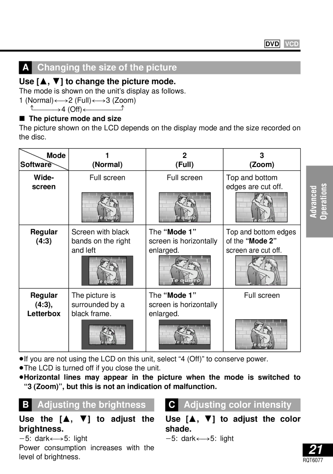 Panasonic DVD-LV57 ªA Changing the size of the picture, Adjusting the brightness Adjusting color intensity 