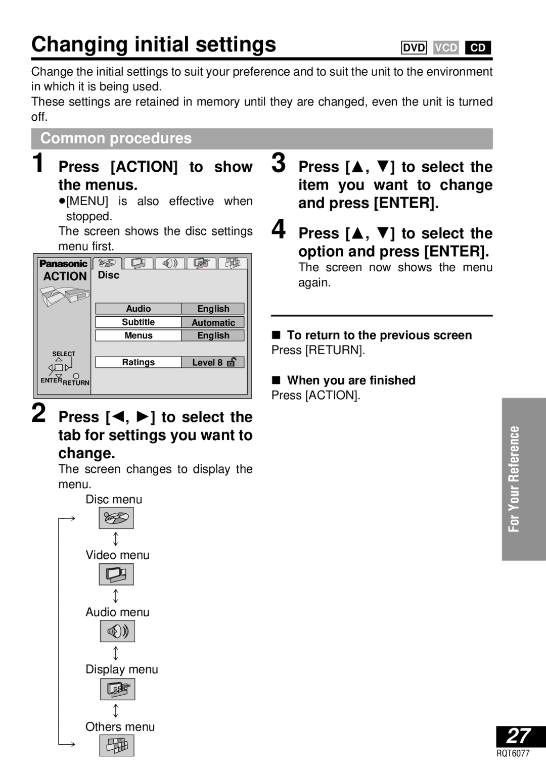 Panasonic DVD-LV57 operating instructions Changing initial settings, Press Action to show the menus 