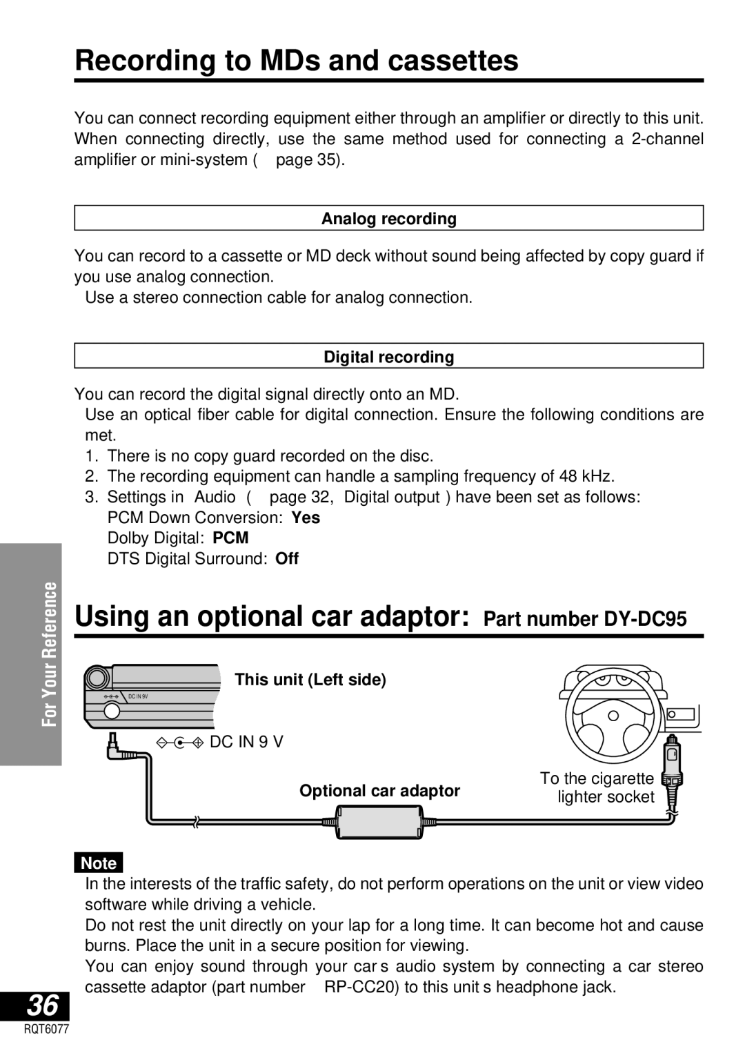 Panasonic DVD-LV57 Recording to MDs and cassettes, Using an optional car adaptor Part number DY-DC95, Analog recording 