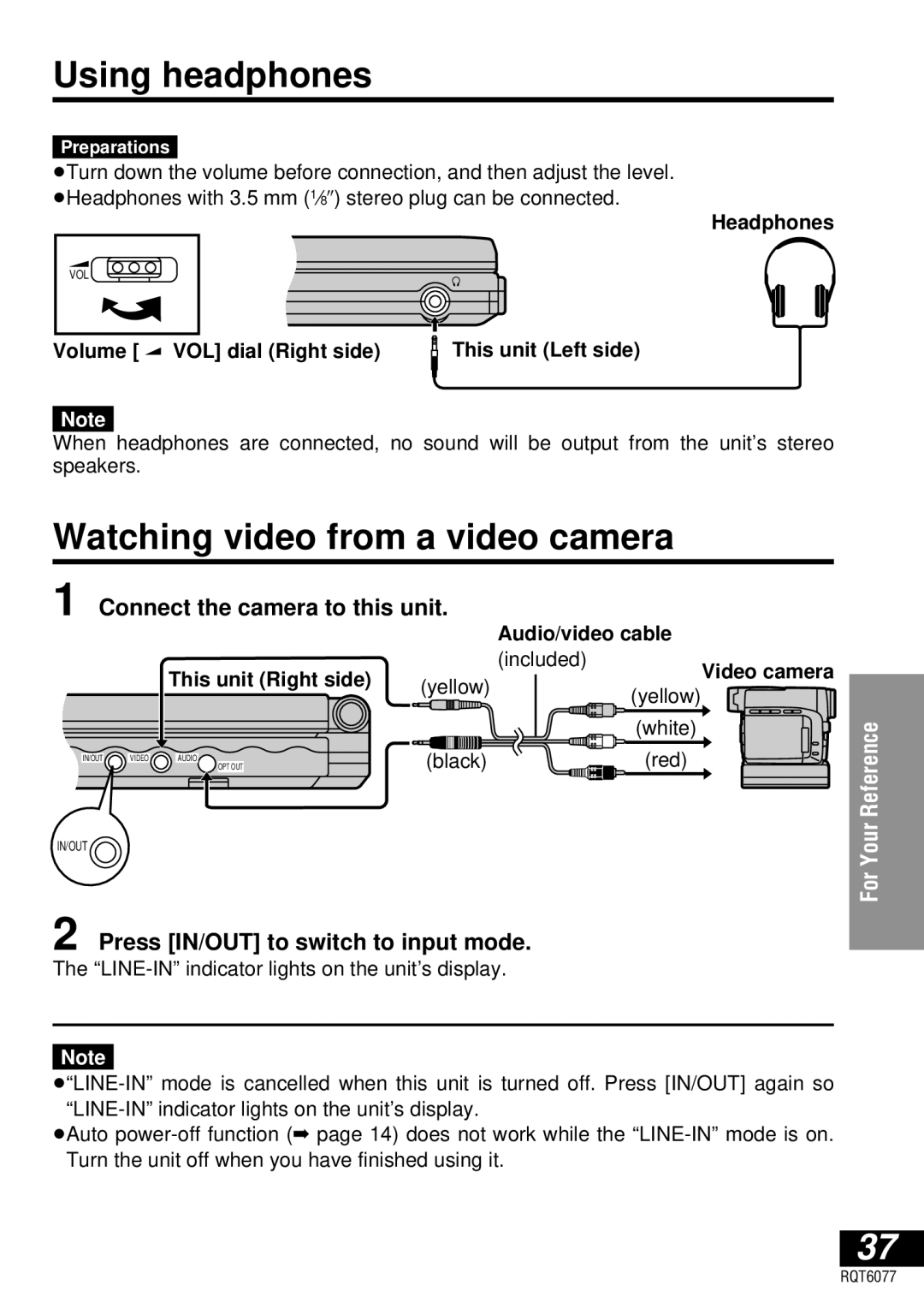 Panasonic DVD-LV57 Using headphones, Watching video from a video camera, Connect the camera to this unit 