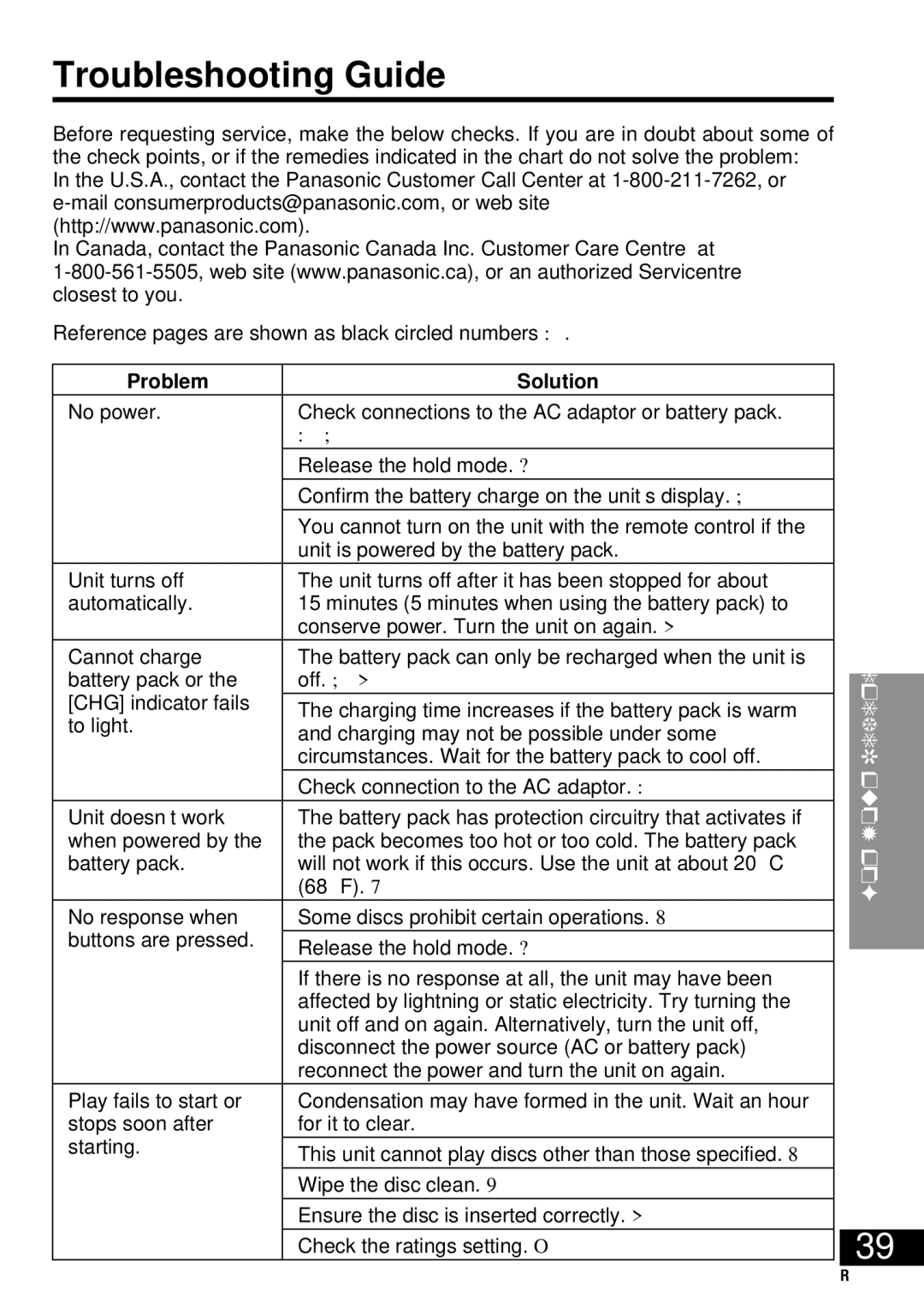 Panasonic DVD-LV57 Troubleshooting Guide, Reference pages are shown as black circled numbers, Problem Solution 