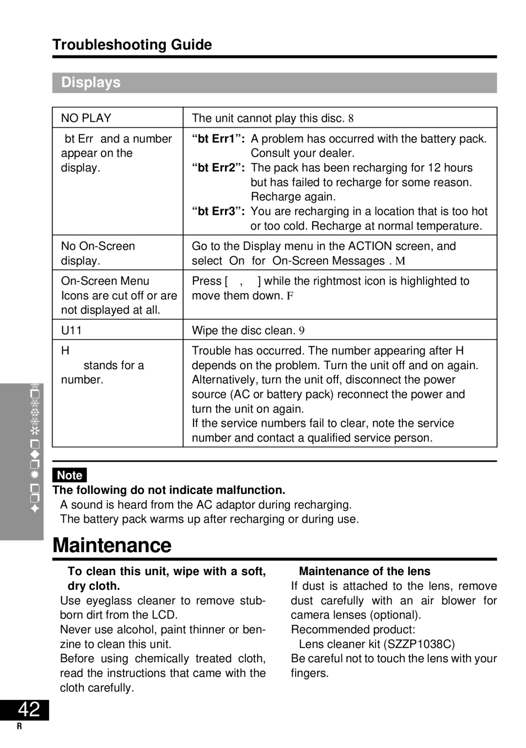 Panasonic DVD-LV57 operating instructions Displays, Following do not indicate malfunction, Maintenance of the lens 