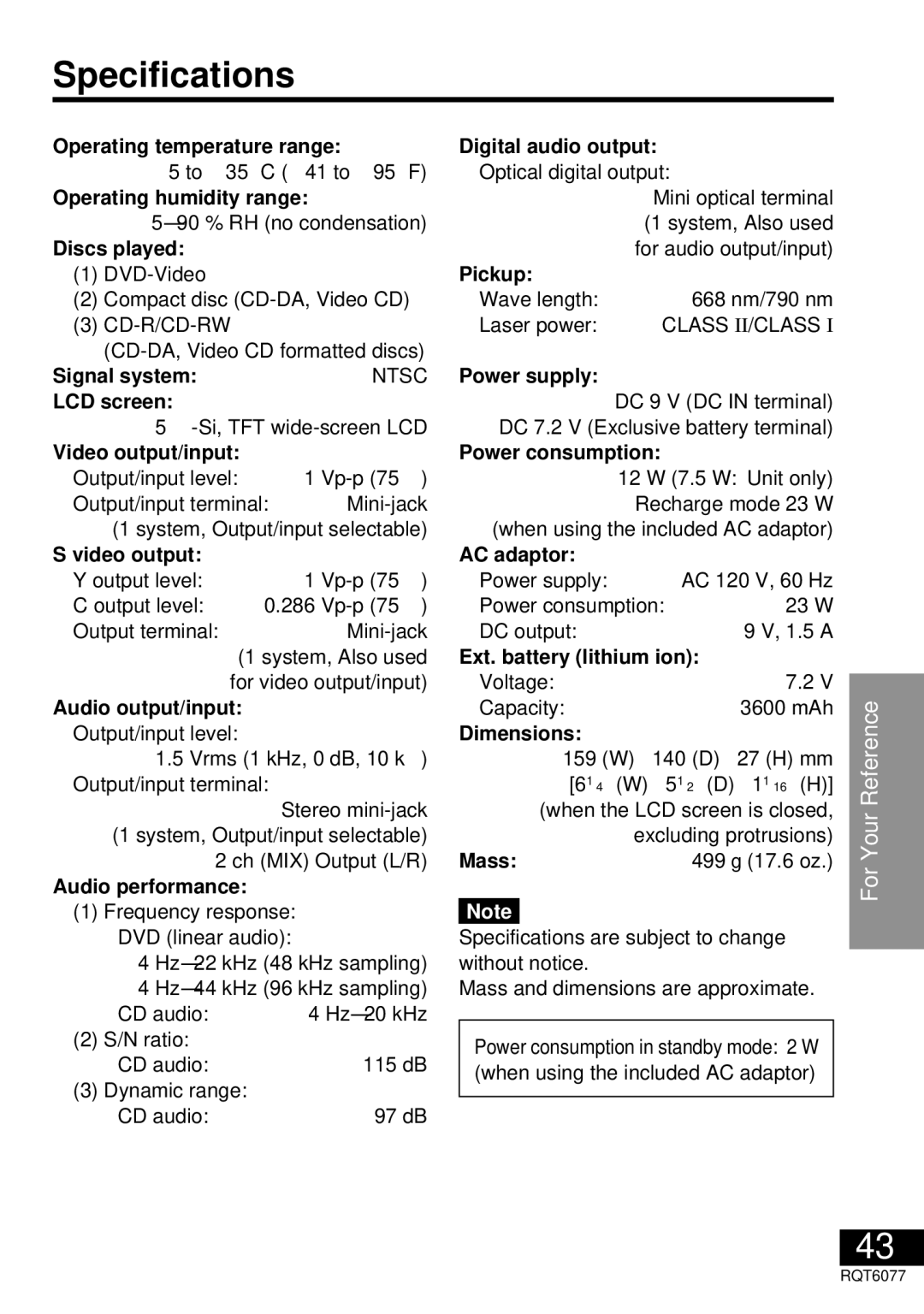 Panasonic DVD-LV57 operating instructions Specifications 