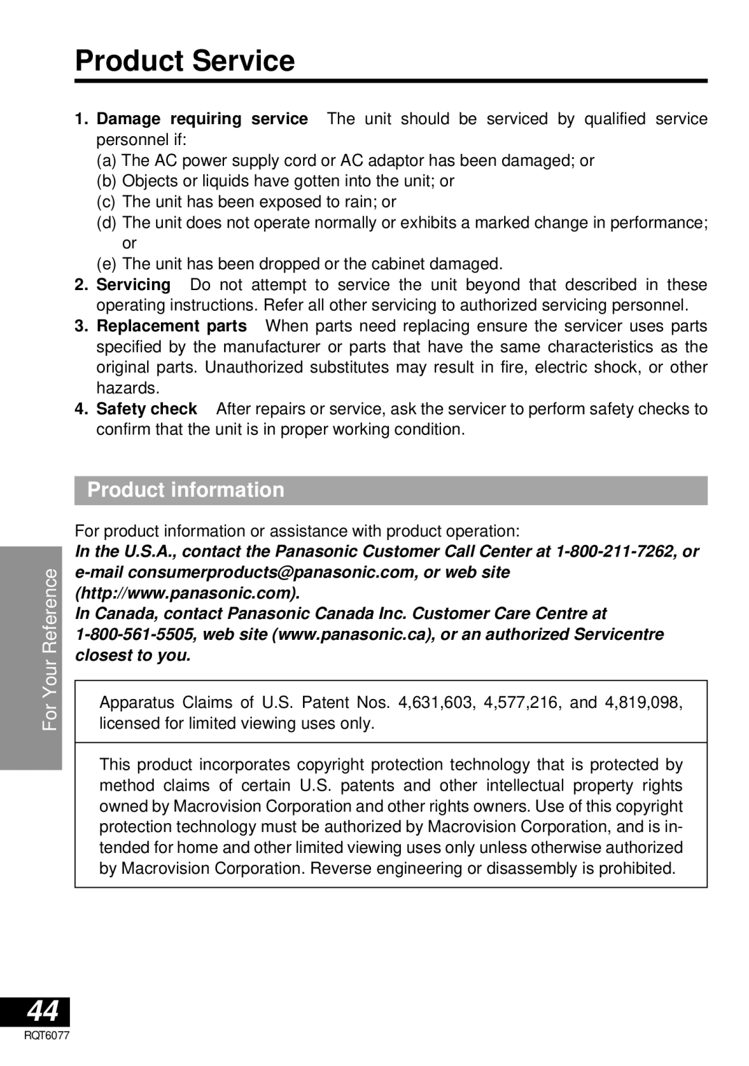 Panasonic DVD-LV57 operating instructions Product Service, Product information 