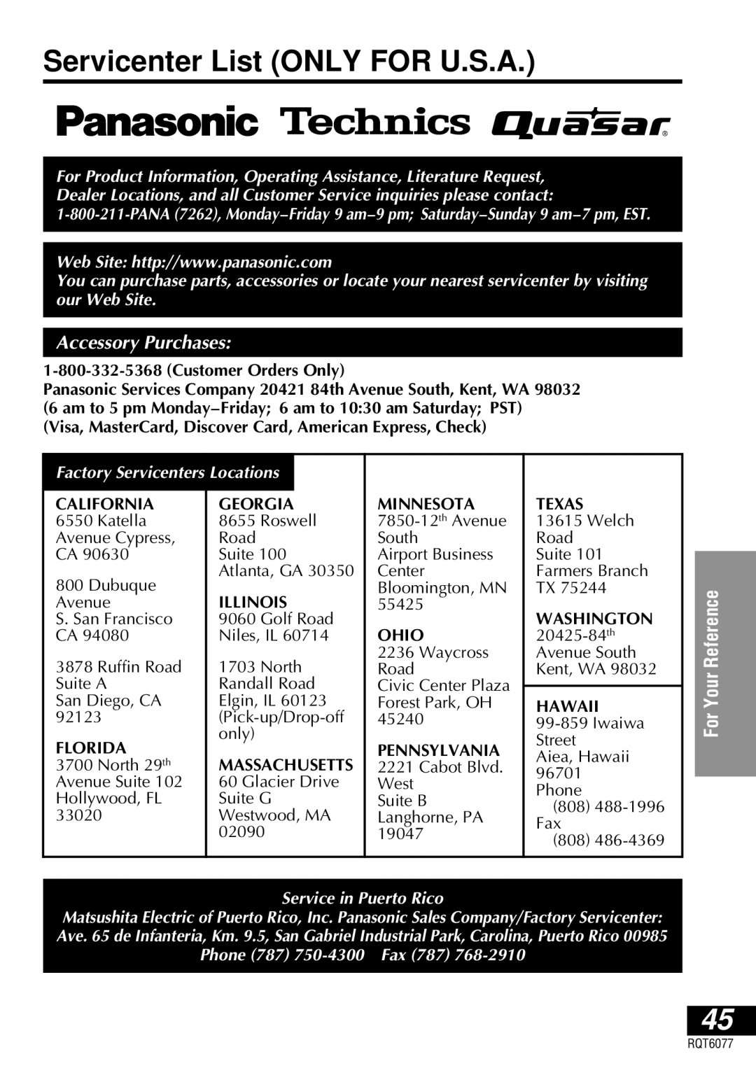 Panasonic DVD-LV57 operating instructions Servicenter List only for U.S.A, Accessory Purchases 