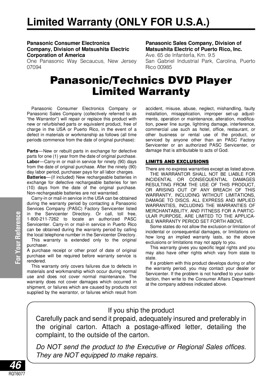 Panasonic DVD-LV57 operating instructions Limited Warranty only for U.S.A, Panasonic/Technics DVD Player Limited Warranty 