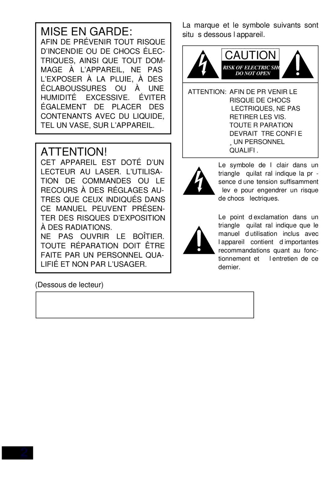 Panasonic DVD-LV57 operating instructions Mise EN Garde, Dessous de lecteur 