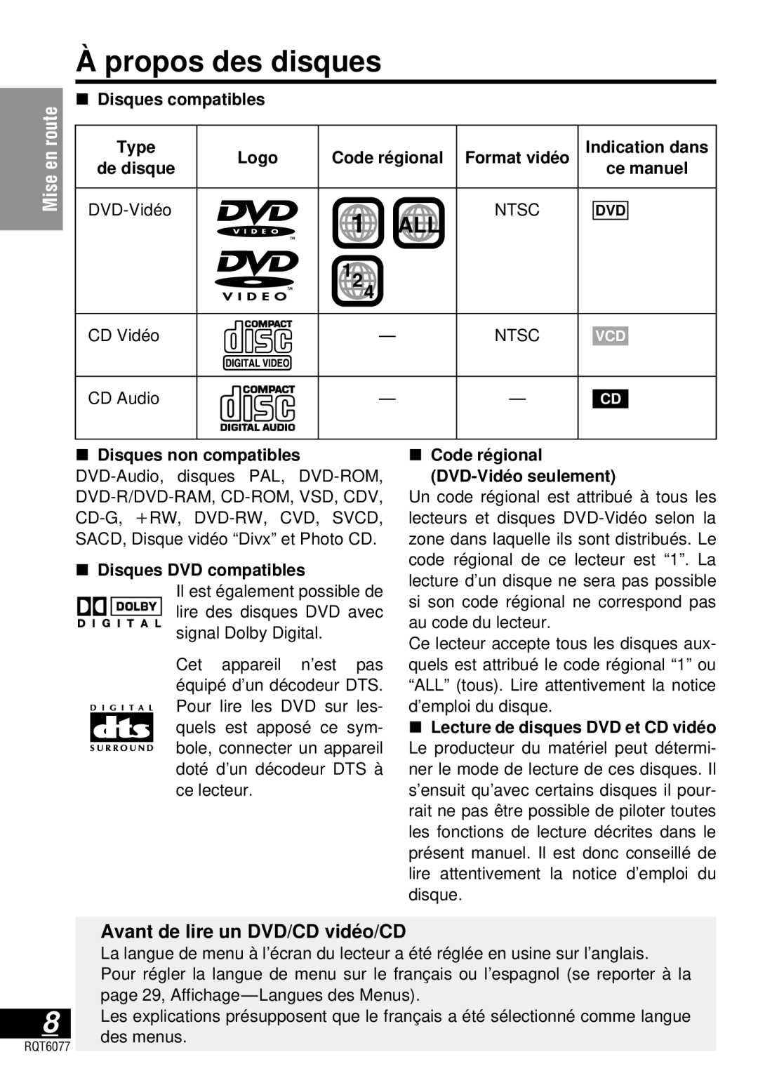 Panasonic DVD-LV57 operating instructions Propos des disques, Avant de lire un DVD/CD vidé o/CD 