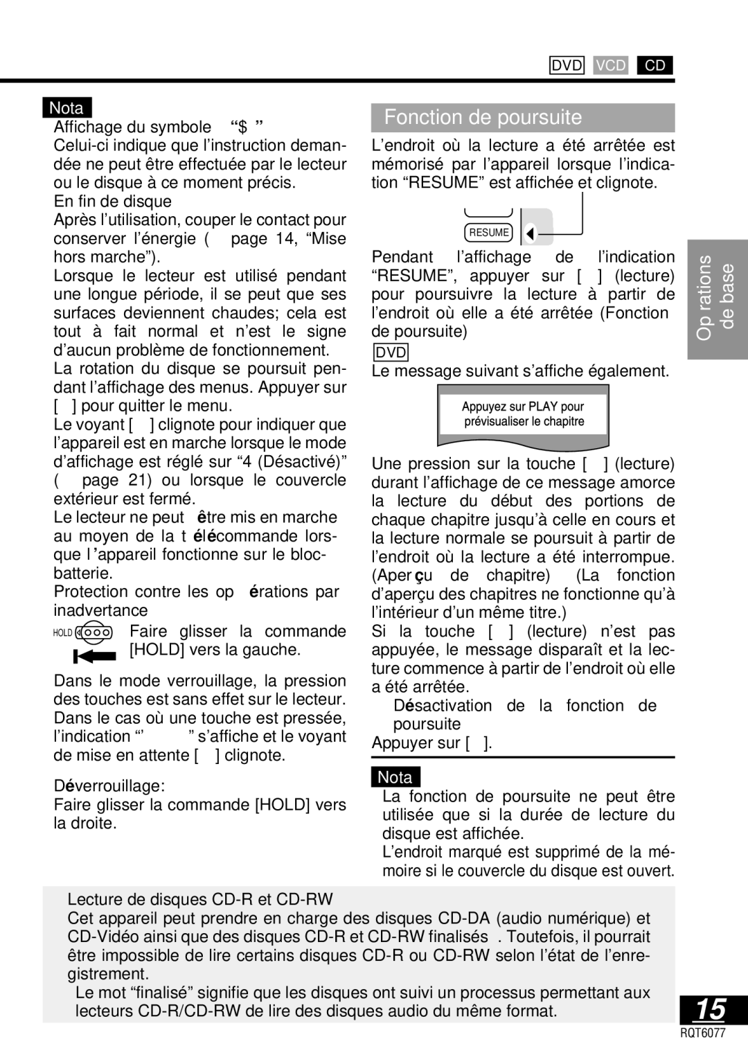 Panasonic DVD-LV57 operating instructions Fonction de poursuite 