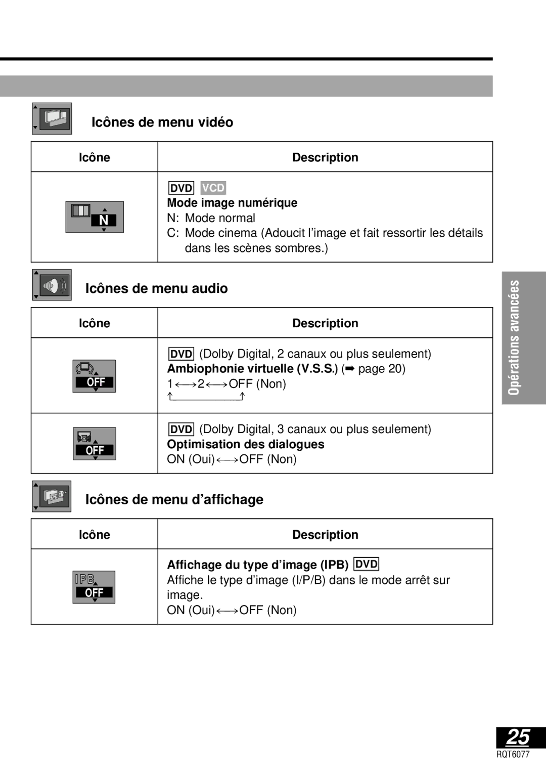 Panasonic DVD-LV57 operating instructions Icô nes de menu vidé o, Icô nes de menu audio, Icô nes de menu d’affichage 