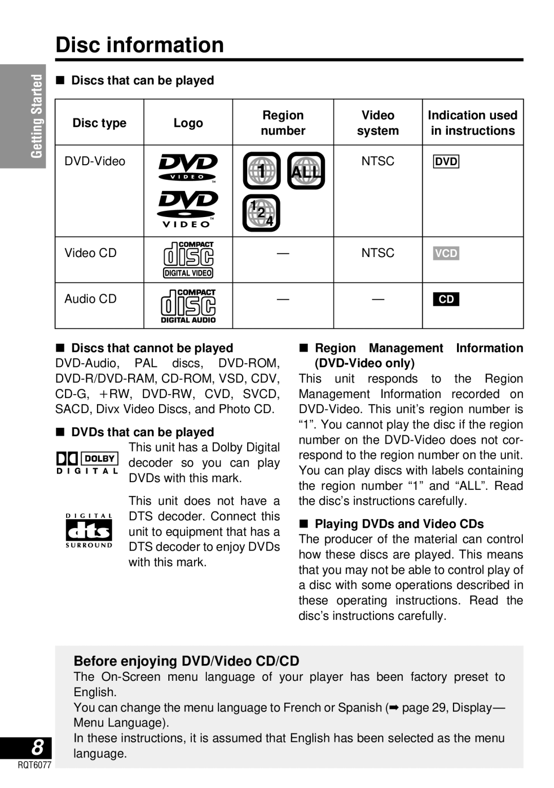 Panasonic DVD-LV57 operating instructions Disc information, Before enjoying DVD/Video CD/CD 