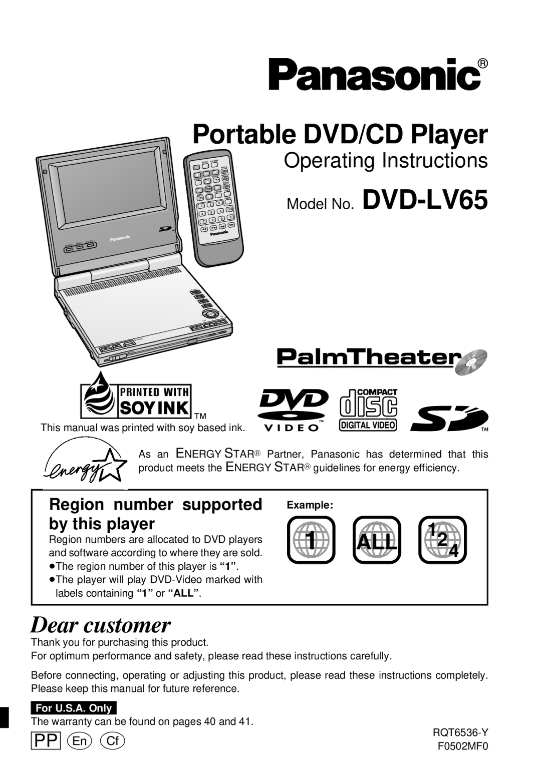 Panasonic DVD-LV65 warranty Example, Warranty can be found on pages 40 RQT6536-Y F0502MF0 