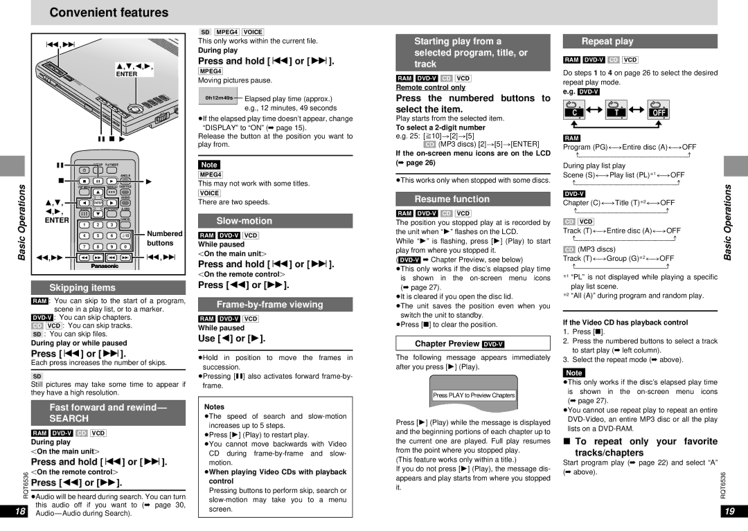 Panasonic DVD-LV65 warranty Convenient features 