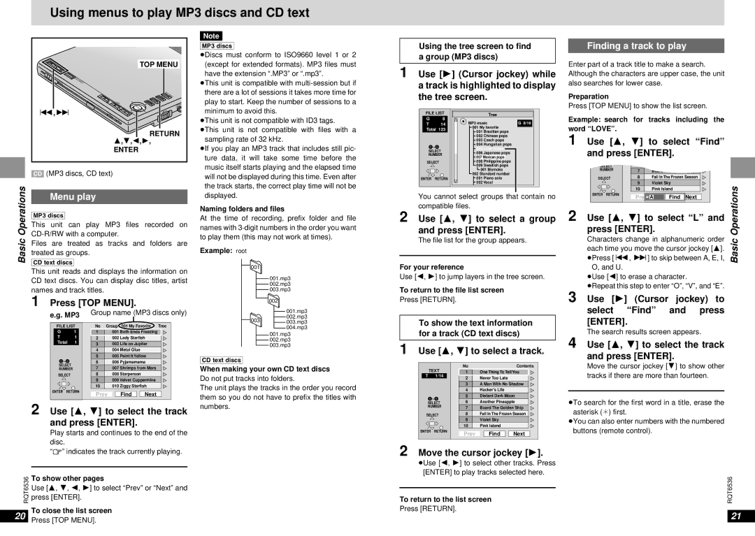 Panasonic DVD-LV65 warranty Using menus to play MP3 discs and CD text, Menu play, Finding a track to play 