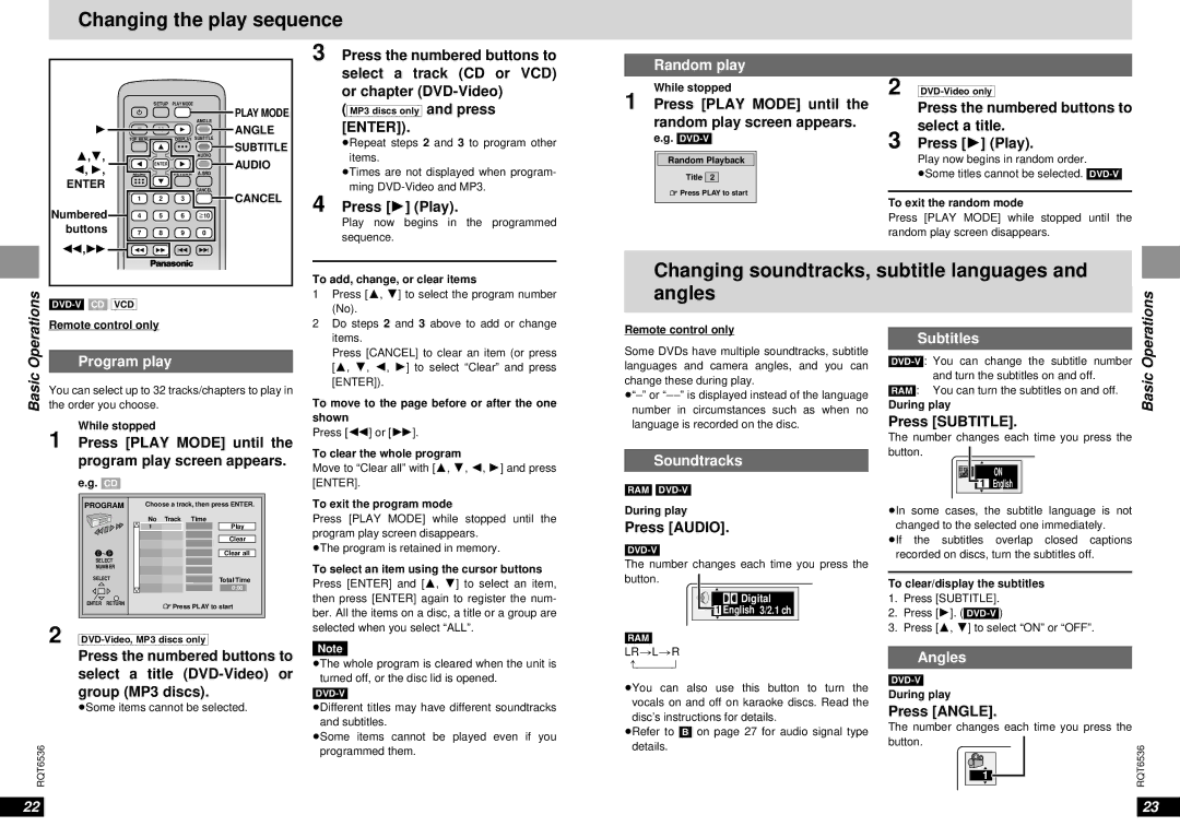 Panasonic DVD-LV65 warranty Changing the play sequence, Changing soundtracks, subtitle languages Angles 