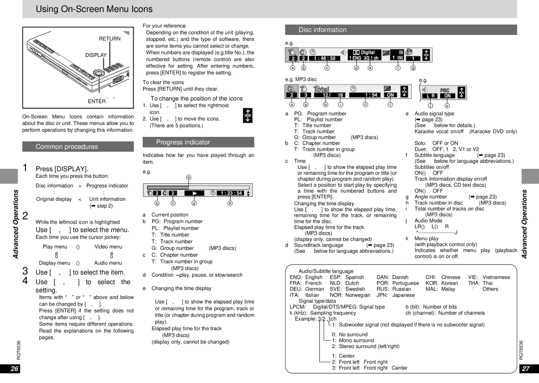 Panasonic DVD-LV65 warranty Using On-Screen Menu Icons, Disc information, Common procedures, Progress indicator 