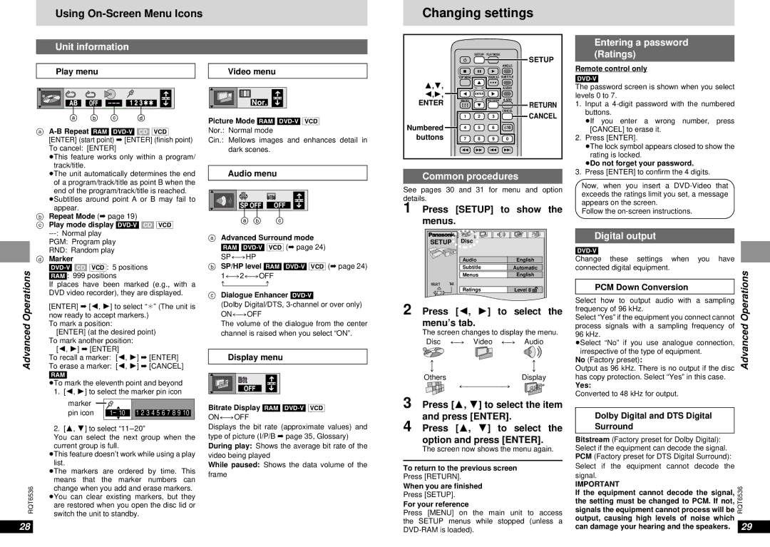 Panasonic DVD-LV65 warranty Changing settings, Unit information, Entering a password Ratings, Digital output 