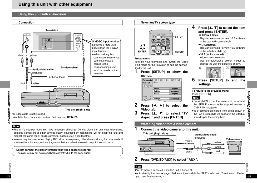 Panasonic DVD-LV65 warranty Using this unit with other equipment, Using this unit with a television 