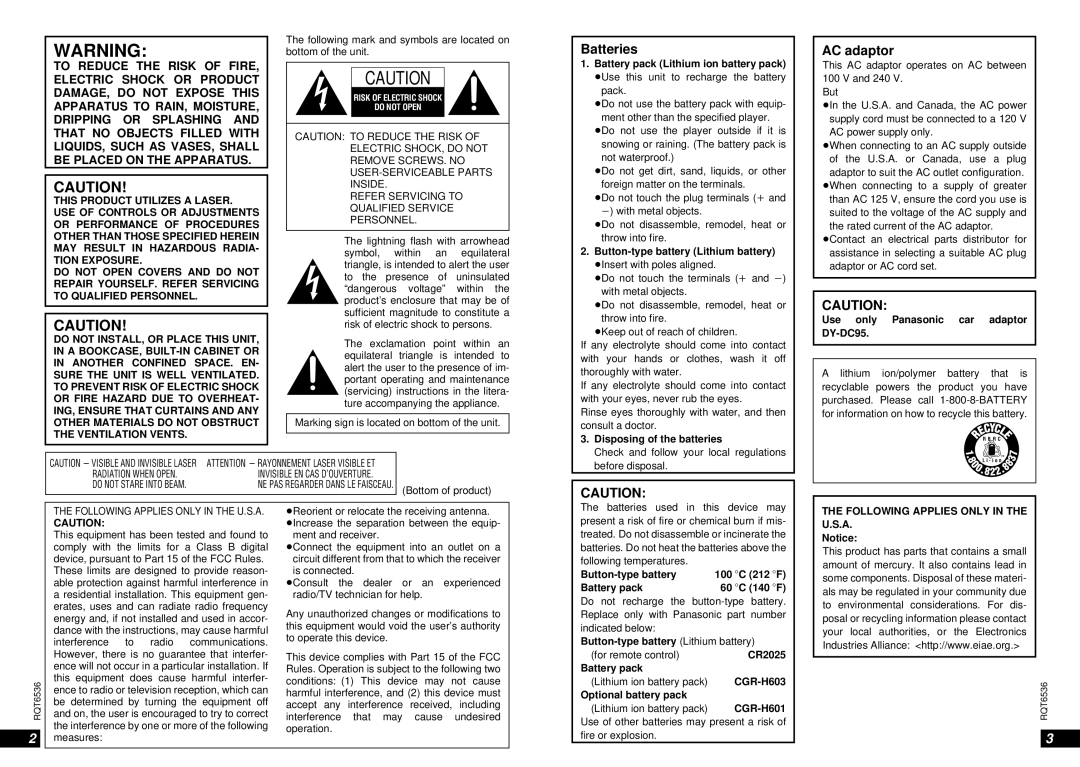 Panasonic DVD-LV65 warranty Batteries, AC adaptor 