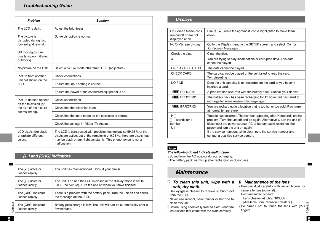 Panasonic DVD-LV65 warranty Maintenance, CHG indicators, Displays, To clean this unit, wipe with a Soft, dry cloth 