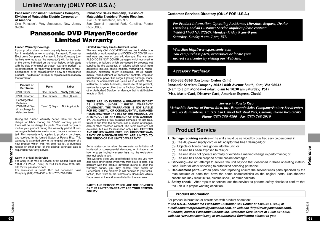 Panasonic DVD-LV65 warranty Limited Warranty only for U.S.A, Product Service, Customer Services Directory only for U.S.A 