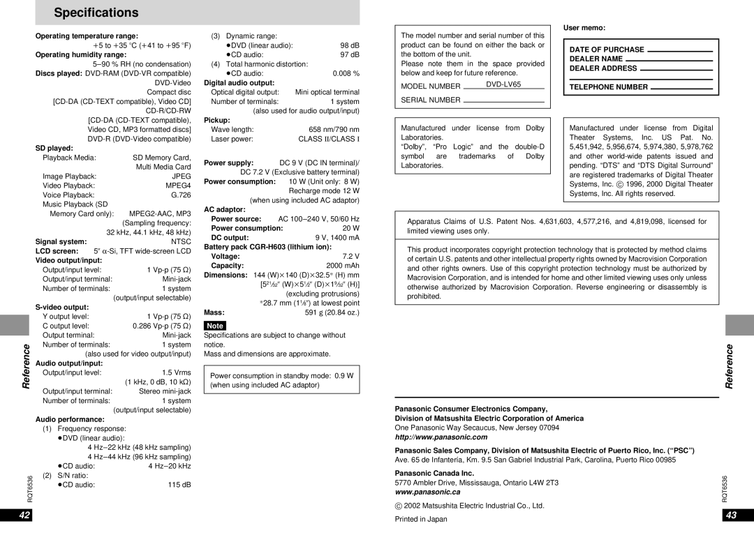 Panasonic DVD-LV65 warranty Specifications 