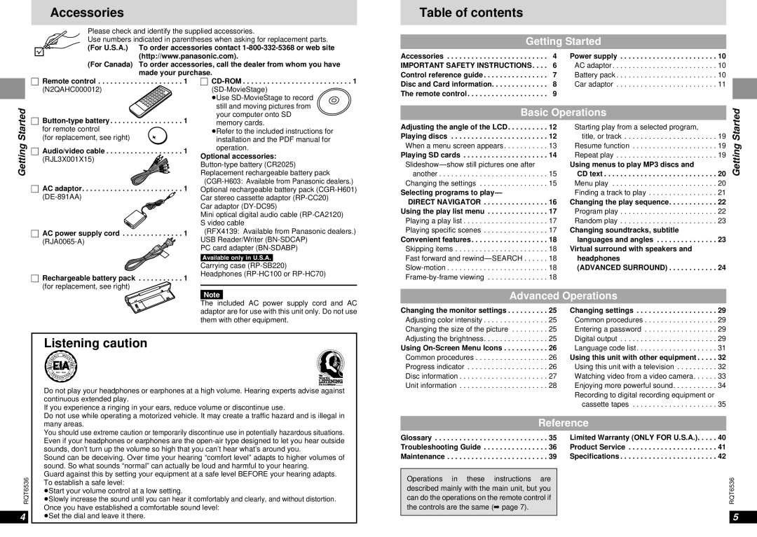 Panasonic DVD-LV65 warranty Accessories, Table of contents, Listening caution 