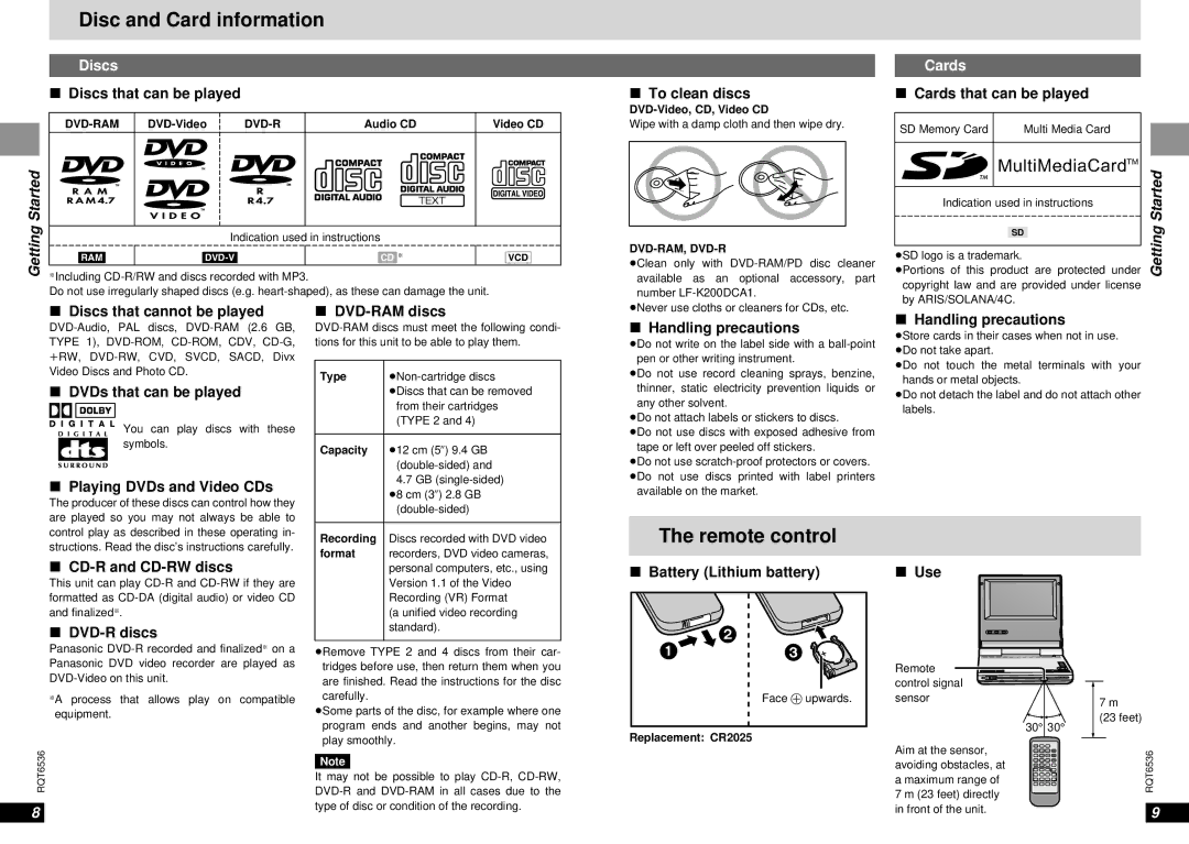 Panasonic DVD-LV65 warranty Disc and Card information, Remote control, Discs, Cards 