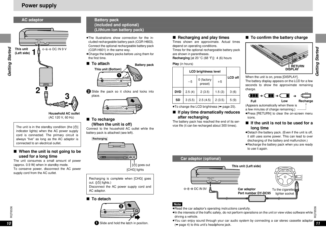 Panasonic DVD-LV65 warranty Power supply, AC adaptor, Battery pack Included and optional Lithium ion battery pack 