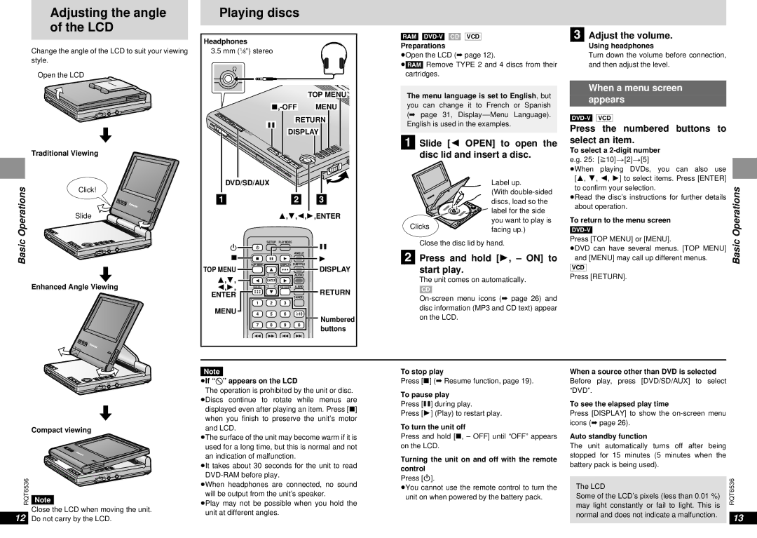 Panasonic DVD-LV65 warranty Adjusting the angle of the LCD, Playing discs, When a menu screen Appears, Basic Operations 