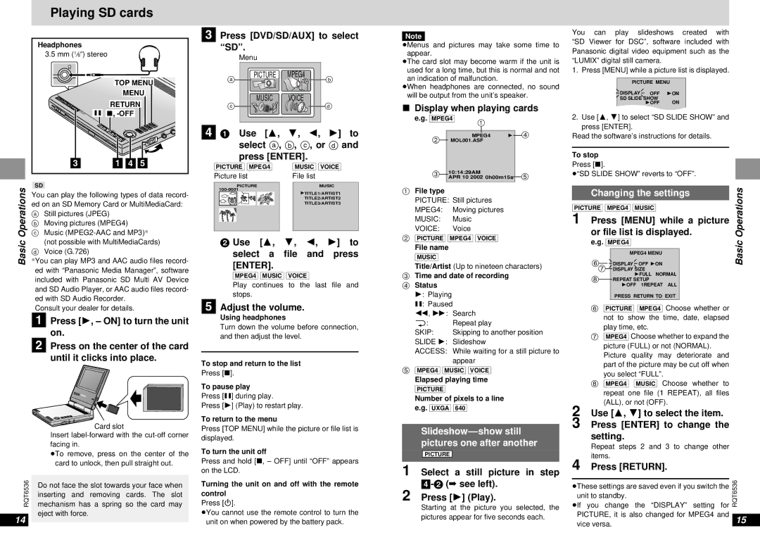 Panasonic DVD-LV65 warranty Playing SD cards, Slideshow-show still Pictures one after another, Or file list is displayed 