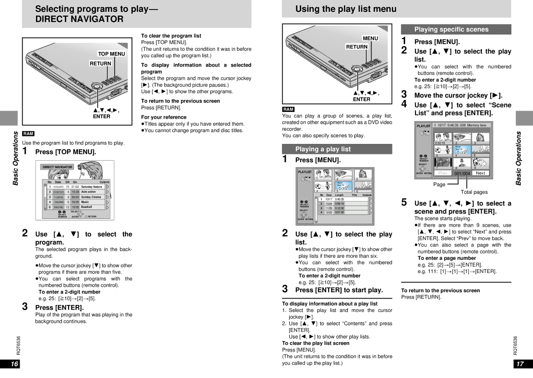 Panasonic DVD-LV65 warranty Selecting programs to play, Using the play list menu, Operations, Playing a play list, Basic 