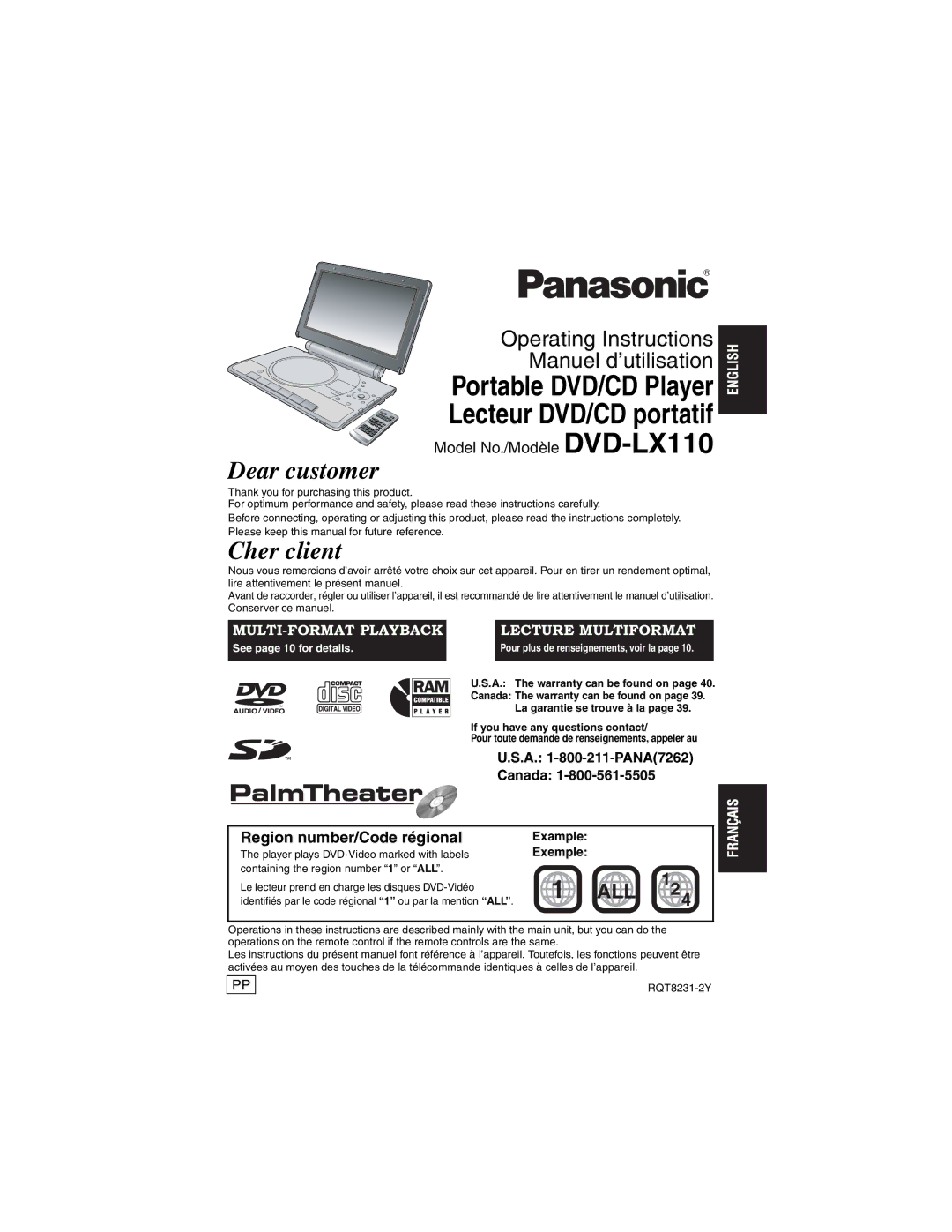 Panasonic DVD-LX110 manuel dutilisation Region number/Code régional, A -800-211-PANA7262, Canada 