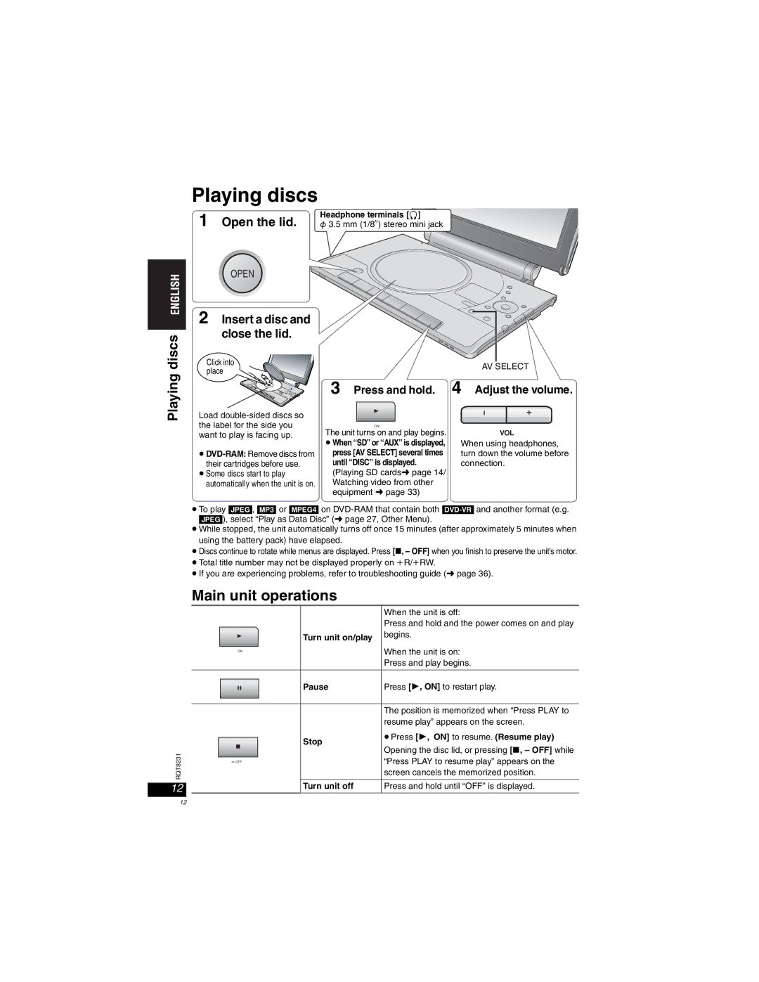 Panasonic DVD-LX110 manuel dutilisation Playing discs, Main unit operations, Discs, Open the lid 