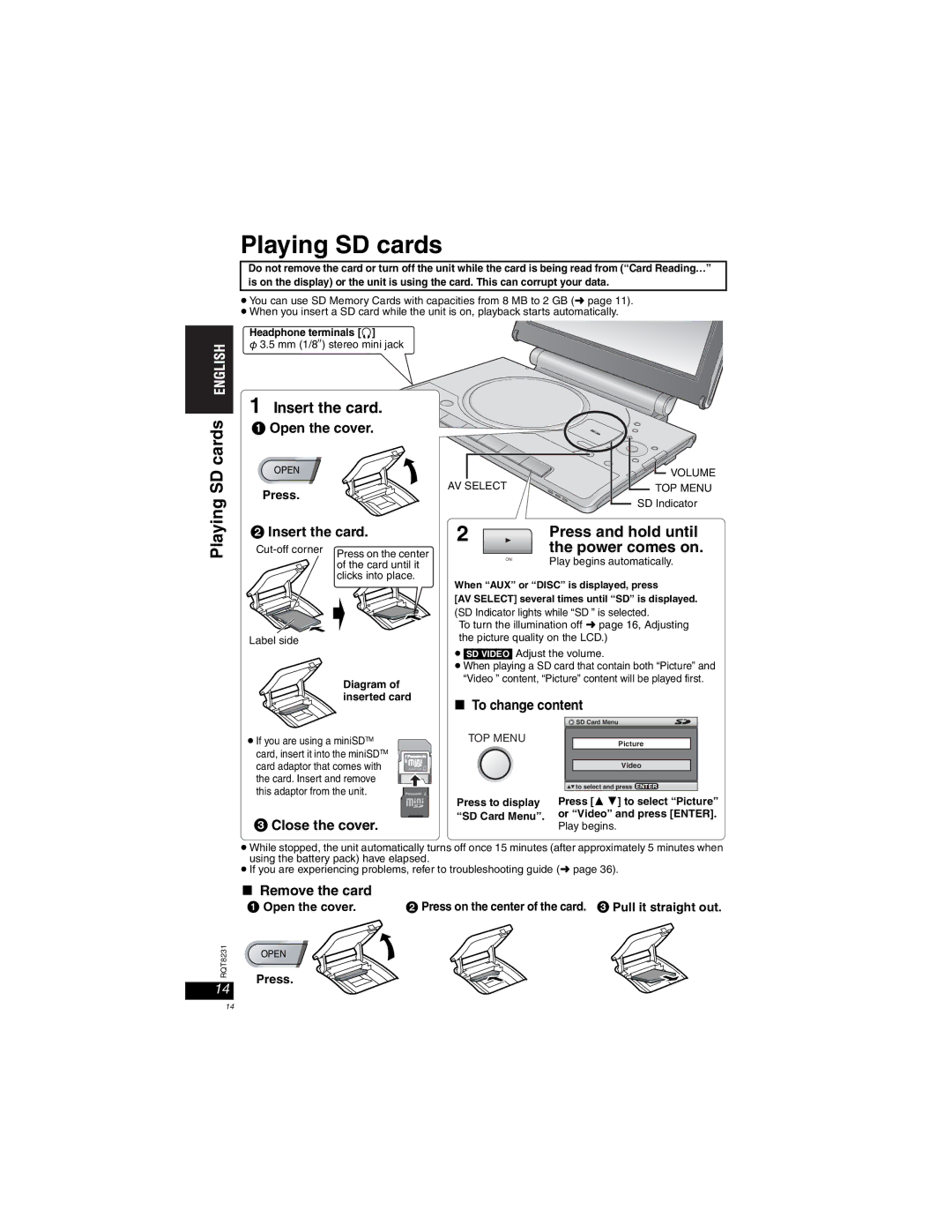 Panasonic DVD-LX110 manuel dutilisation Playing SD cards, Insert the card, Press and hold until 