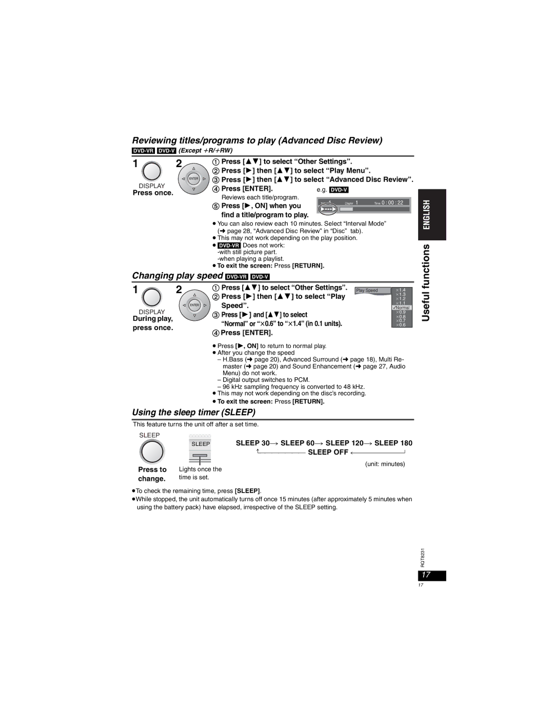 Panasonic DVD-LX110 Reviewing titles/programs to play Advanced Disc Review, Changing play speed DVD-VRDVD-V 