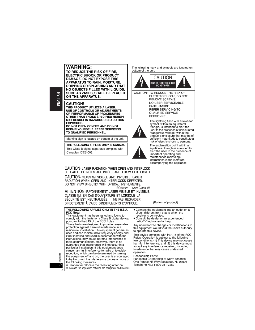 Panasonic DVD-LX110 manuel dutilisation Following Applies only in the U.S.A, FCC Note 