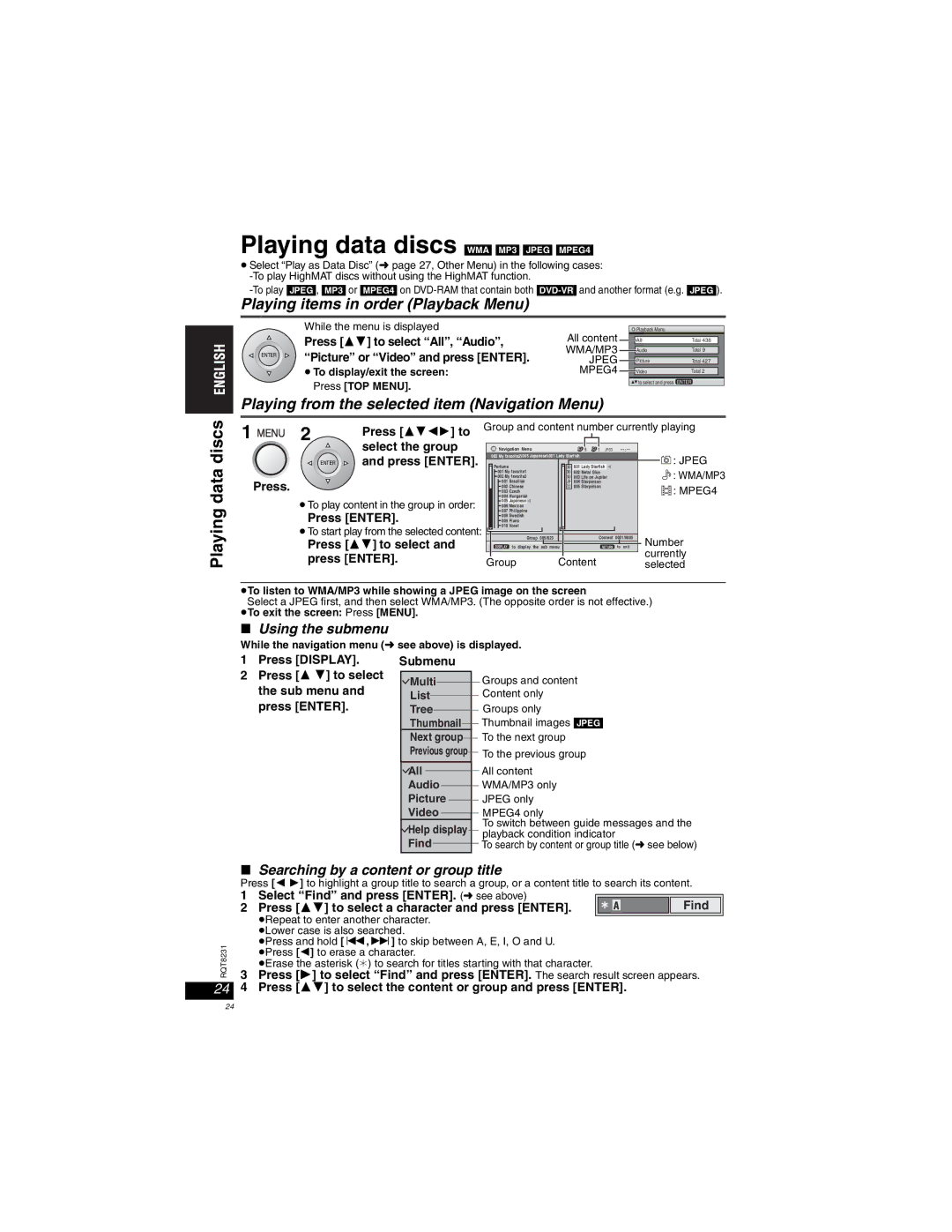 Panasonic DVD-LX110 manuel dutilisation Playing data discs, Playing items in order Playback Menu 